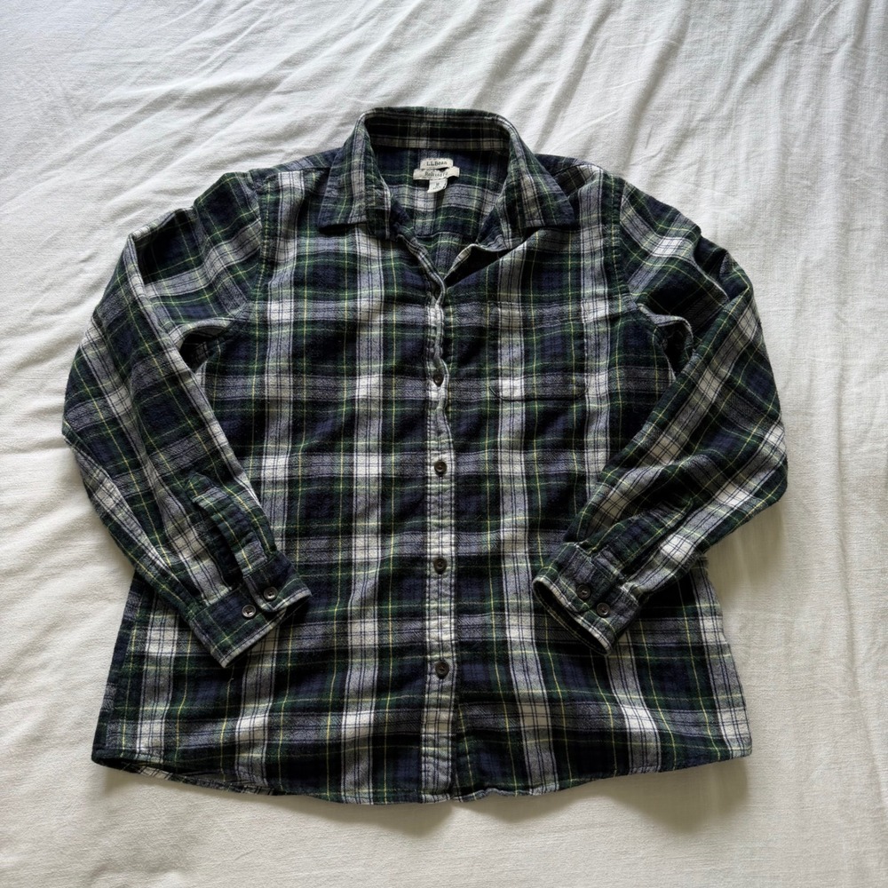 LL Bean Relaxed Fit Flannel Shirt Womens Med Green Navy Plaid Cotton 273137 - Picture 4 of 8